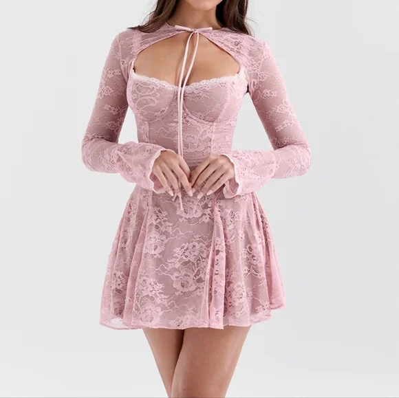 HOUSE OF CB Alice perfectly pink lace mini dress - Picture 3 of 11